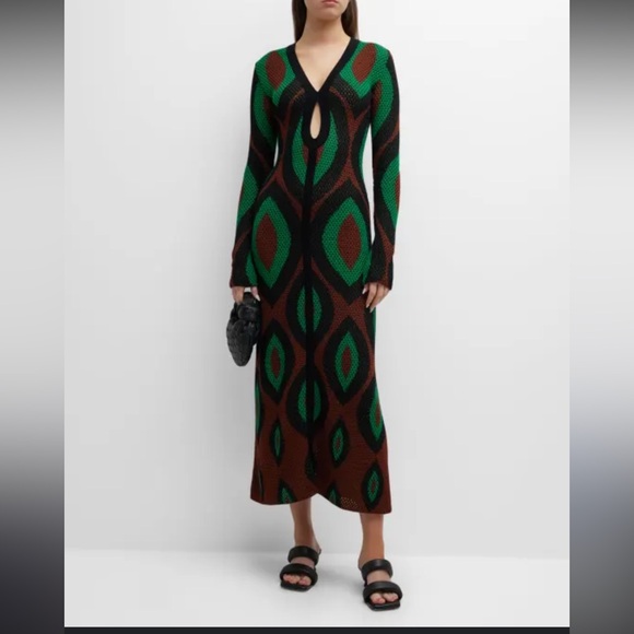 NWT / Johanna Ortiz Knot Eyelet Midi Dress / XS green black - Picture 4 of 11